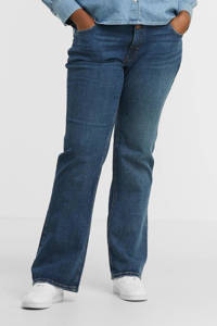 Donkerblauwe dames ESPRIT Curvy flared jeans van stretchdenim met regular waist en rits- en knoopsluiting