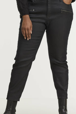 regular waist cropped slim fit jeans met coating en sierritsen zwart