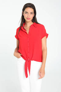 Rode dames Cassis blouse van polyester met korte mouwen, klassieke kraag, knoopsluiting en borduursels