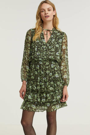 semi-transparante jurk Dress volants abstract animal met all over print en volant groen