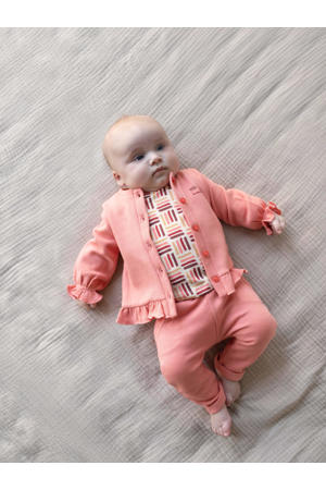 newborn baby vest Marie met tekst en ruches roze