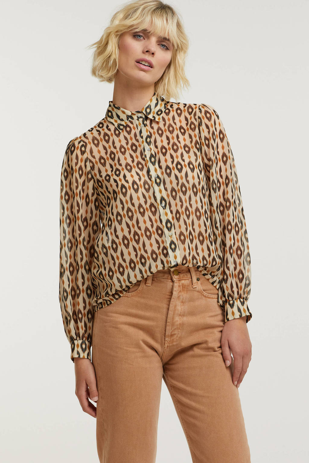 Bruine dames Aaiko blouse van polyester met all over print, lange mouwen, klassieke kraag en knoopsluiting