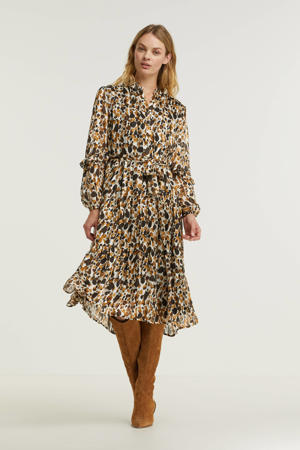 semi-transparante A-lijn jurk met all over print en volant wit/bruin/zwart
