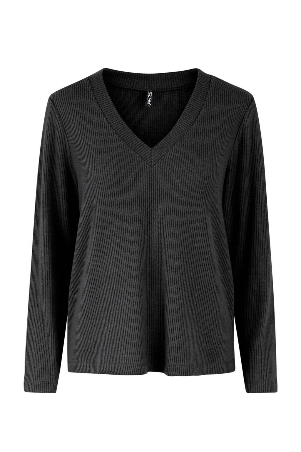 Grijze dames PIECES ribgebreide trui van polyester met lange mouwen en V-hals