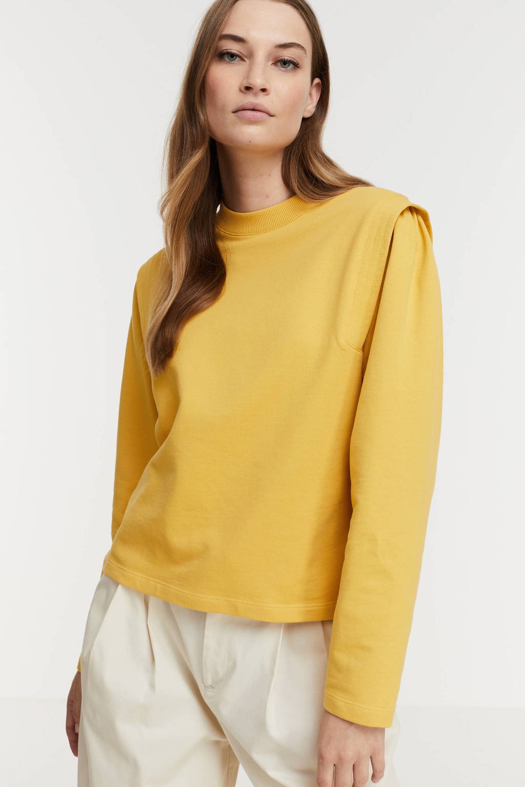 Lichtgele dames Another-Label sweater Kasuga van katoen met lange mouwen, ronde hals en geribde boorden