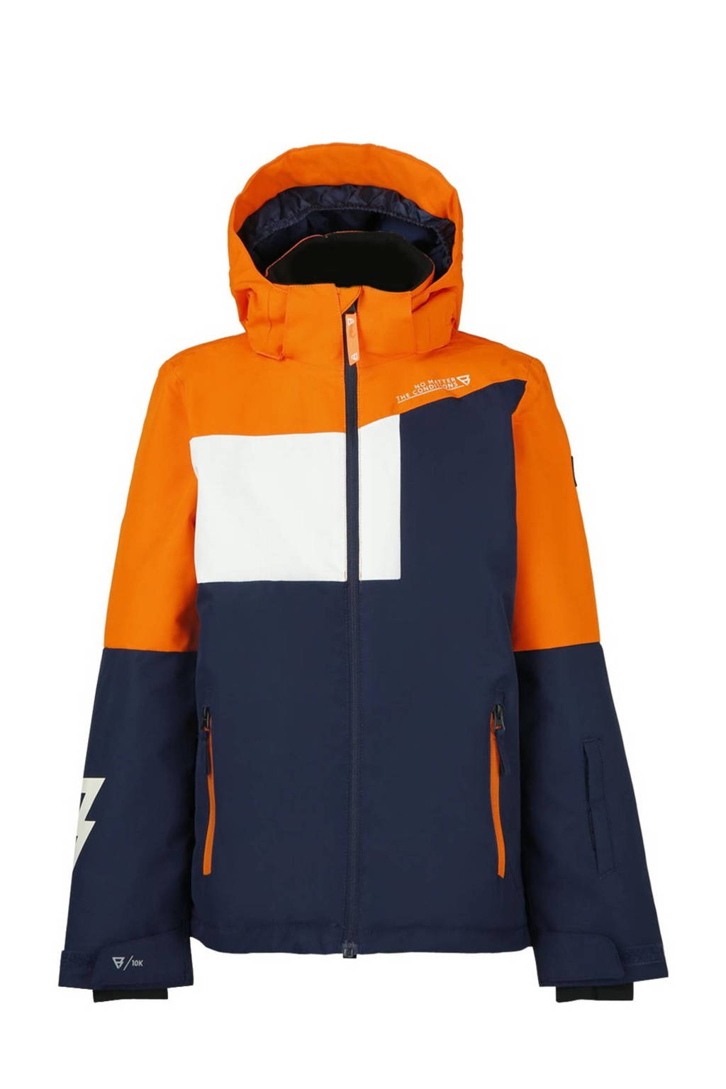 Oranje, donkerblauw en witte jongens Brunotti ski-jack Flynnery van gerecycled polyester met meerkleurige print en rits met windvanger