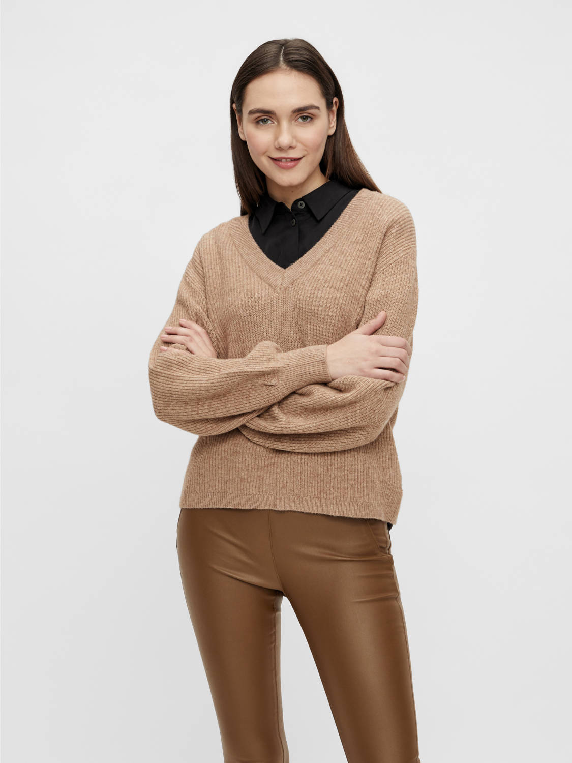 Object Dames Objmalena L/S Ruffle Pullover Noos Gebreide Trui, Fossil/Detail:melange, S