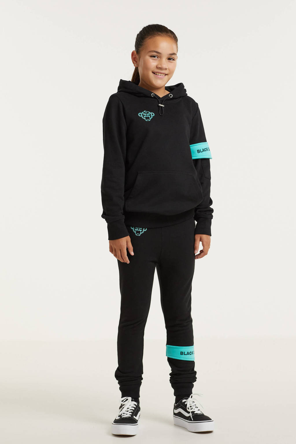Zwart en aqua jongens en meisjes BLACK BANANAS unisex hoodie van sweat materiaal met logo dessin, lange mouwen en capuchon