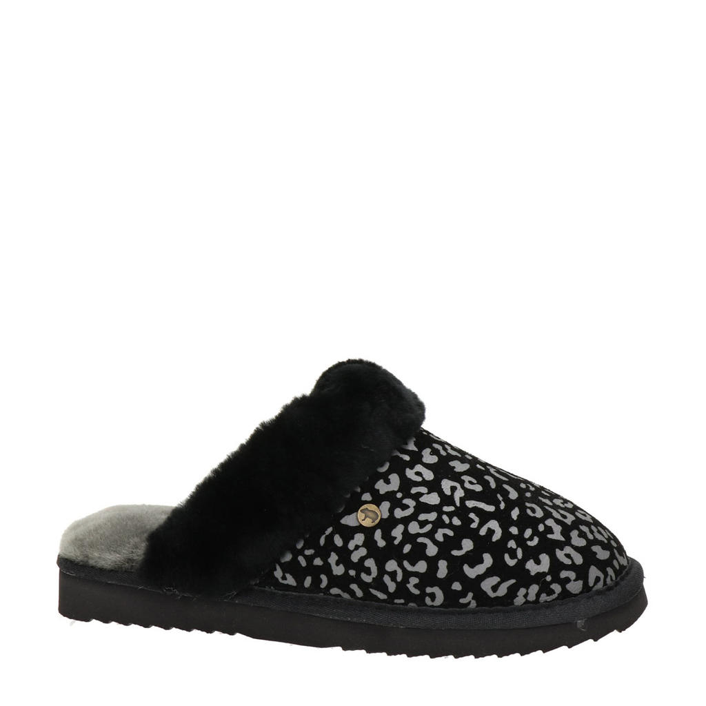 Zwarte dames Warmbat Australia Collie Print suède pantoffels 