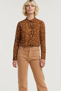 Camel en zwarte dames Another-Label blouse Zaron van polyester met dierenprint, lange mouwen en klassieke kraag