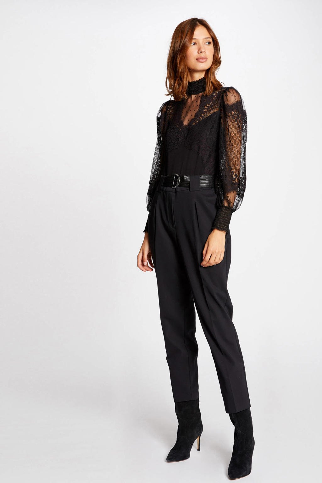 Zwarte dames Morgan semi-transparante body van viscose met effen, lange mouwen, opstaande kraag en knoopsluiting