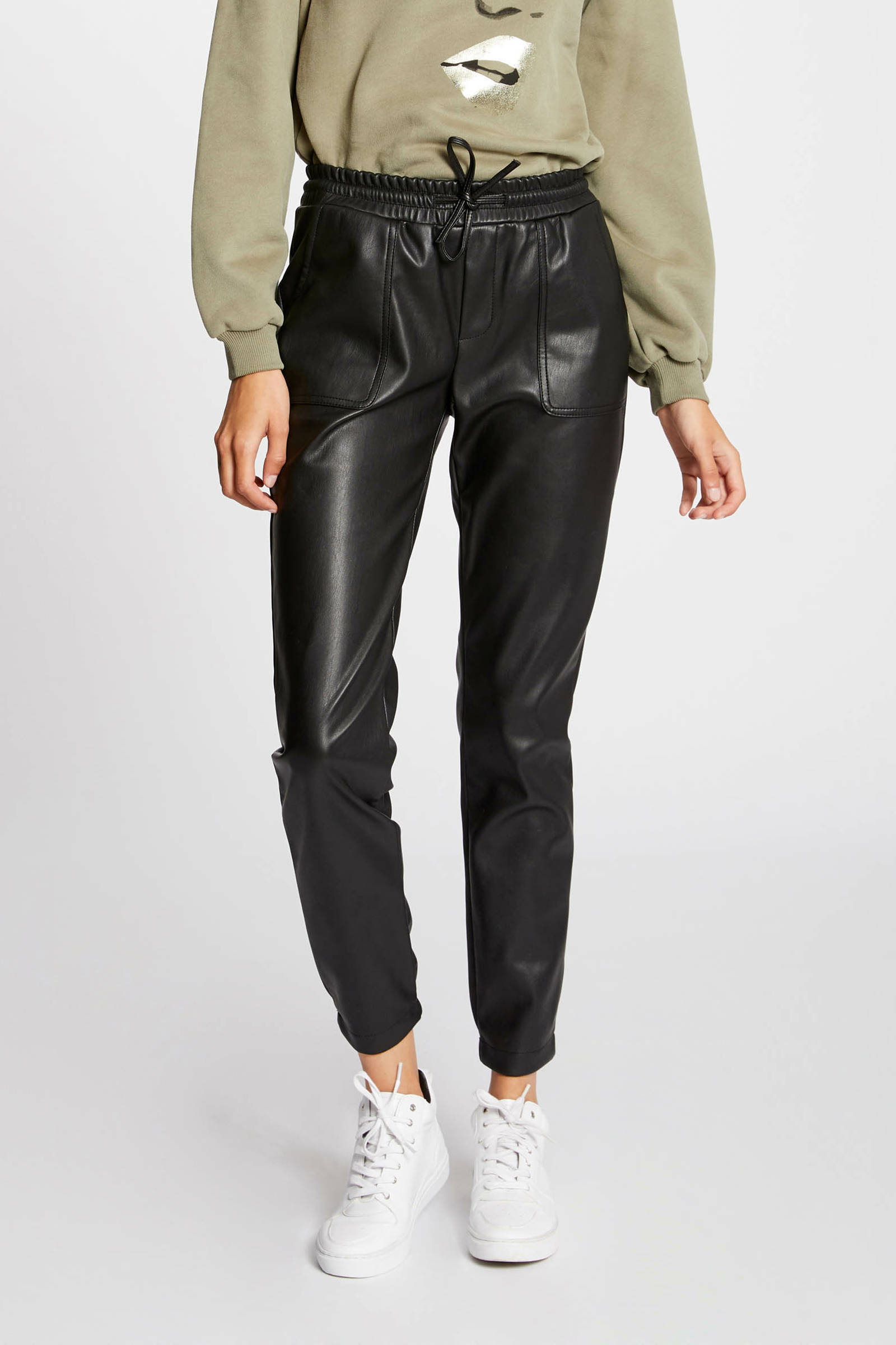 Morgan imitatieleren cropped high waist slim fit broek zwart | wehkamp