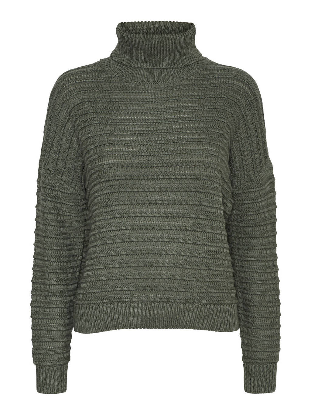 Donkergroene dames VERO MODA trui katoen met lange mouwen, col en geribde boorden