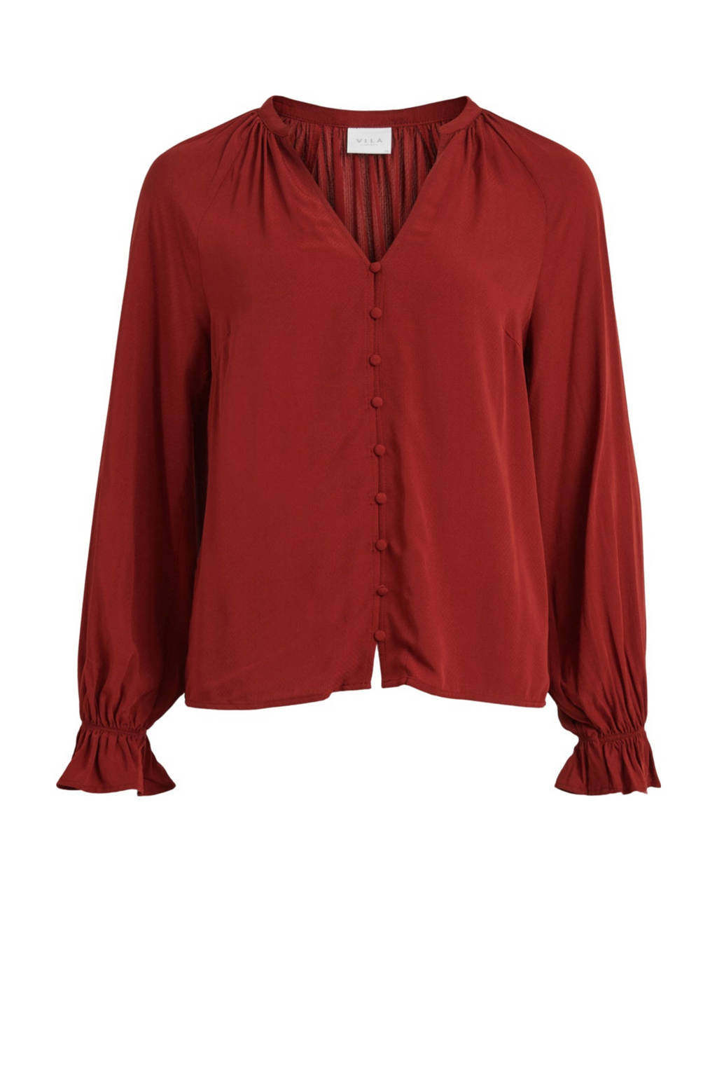 Donkerrode dames VILA blouse van viscose met lange mouwen, V-hals, knoopsluiting en ballonmouwen