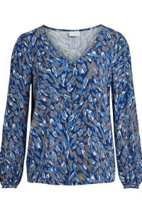 Blauw, bruin en witte dames VILA blouse van viscose met all over print, lange mouwen, V-hals en knoopsluiting