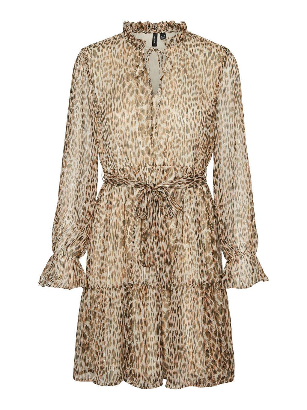 VERO MODA semi-transparante A-lijn jurk VMFLEO met dierenprint en ruches beige, Beige