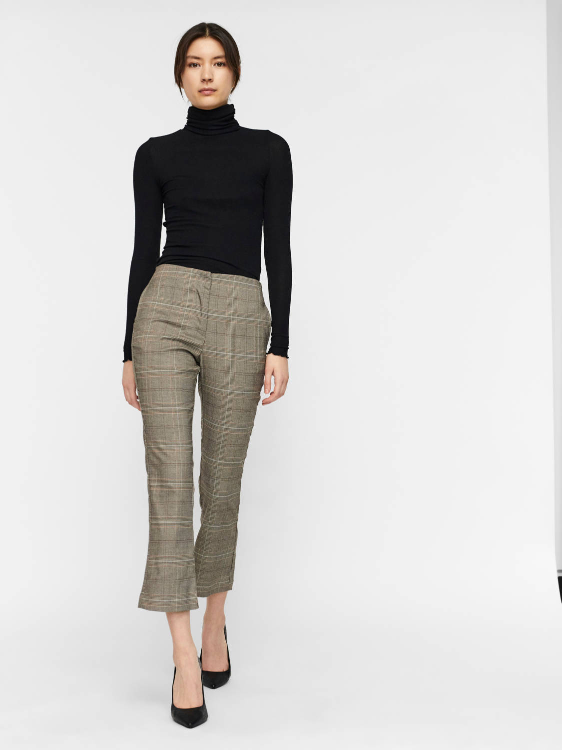 VERO MODA geruite cropped high waist flared broek VMSANDY bruin | wehkamp