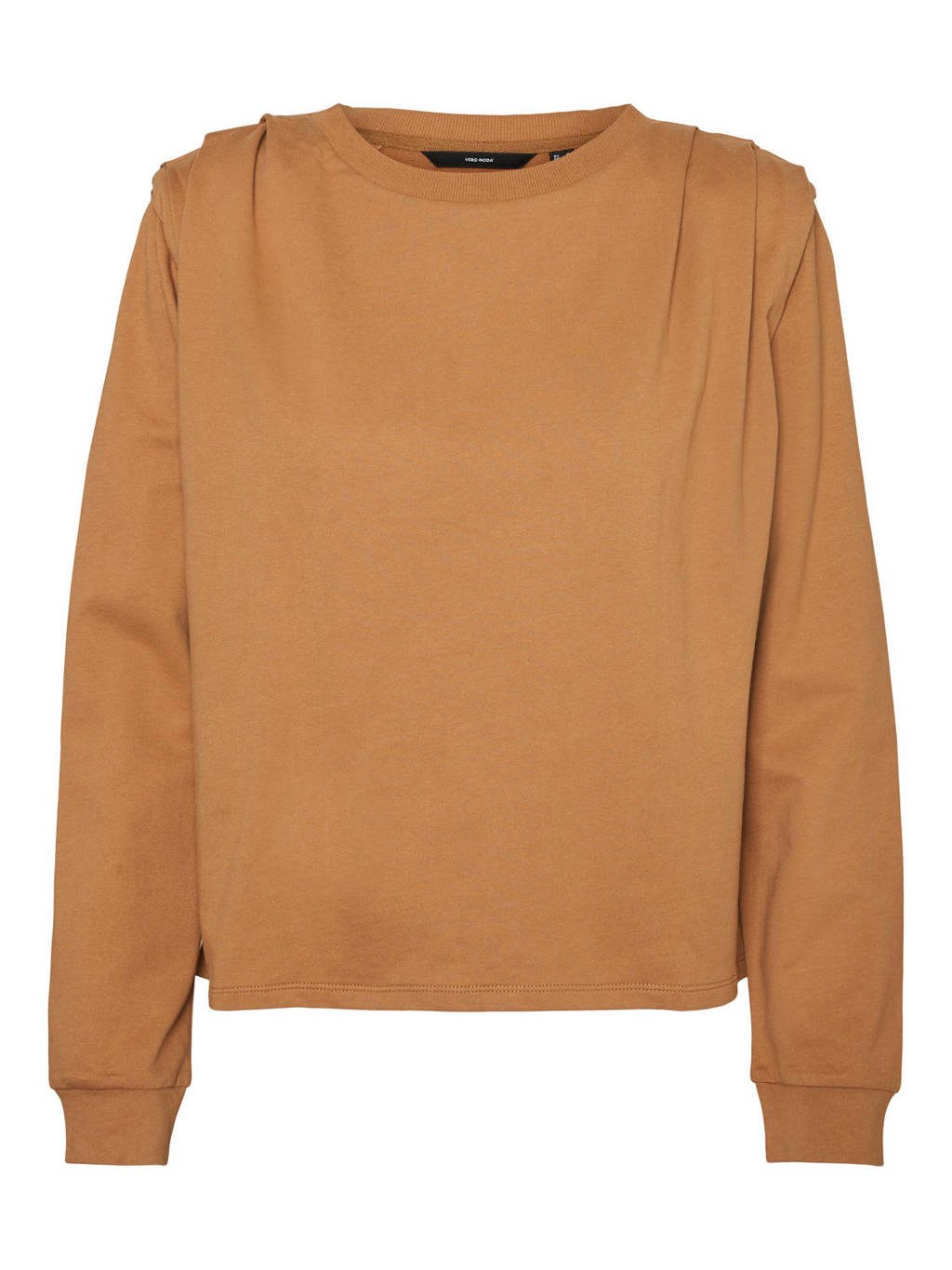 Camelkleurige dames VERO MODA sweater van katoen met lange mouwen, ronde hals en schouderdetail