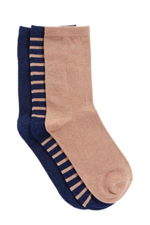 lurex sokken met strepen - set van 3 donkerblauw