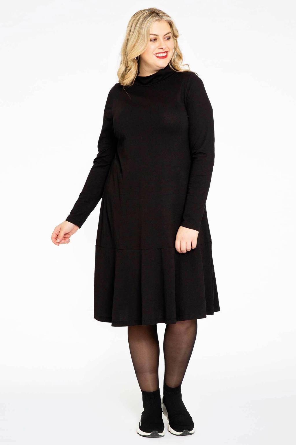 YOEK wijd uitlopende jurk met volant ORGANIC COTTON zwart