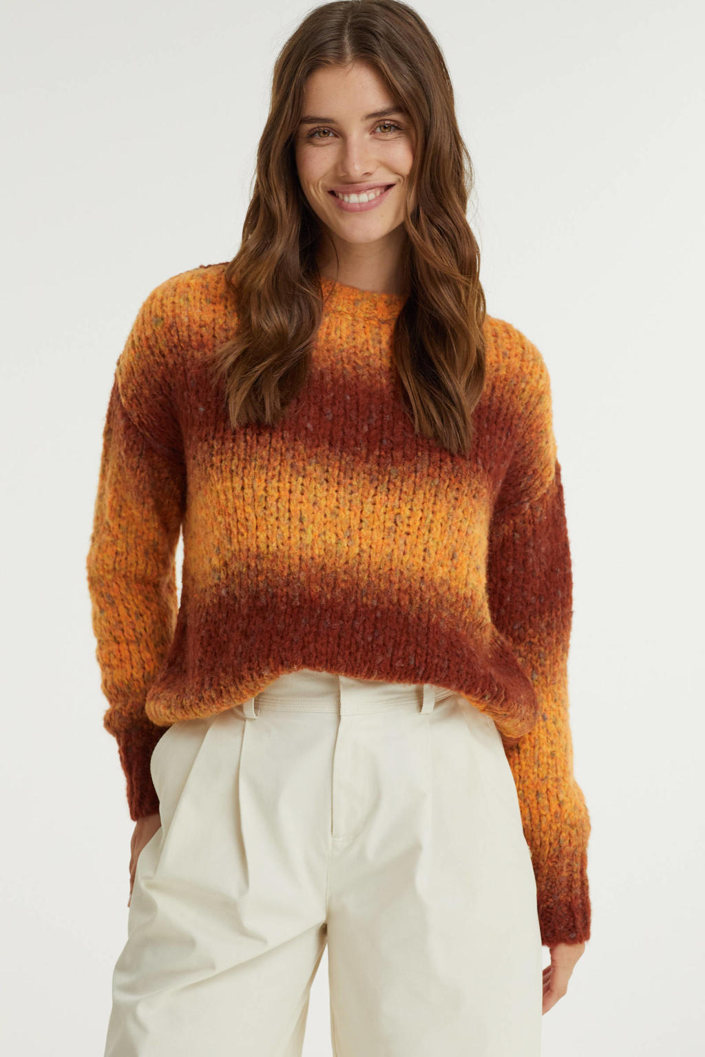 Oranje en rode dames Anna Blue gebreide trui van wol met meerkleurige print, lange mouwen en ronde hals