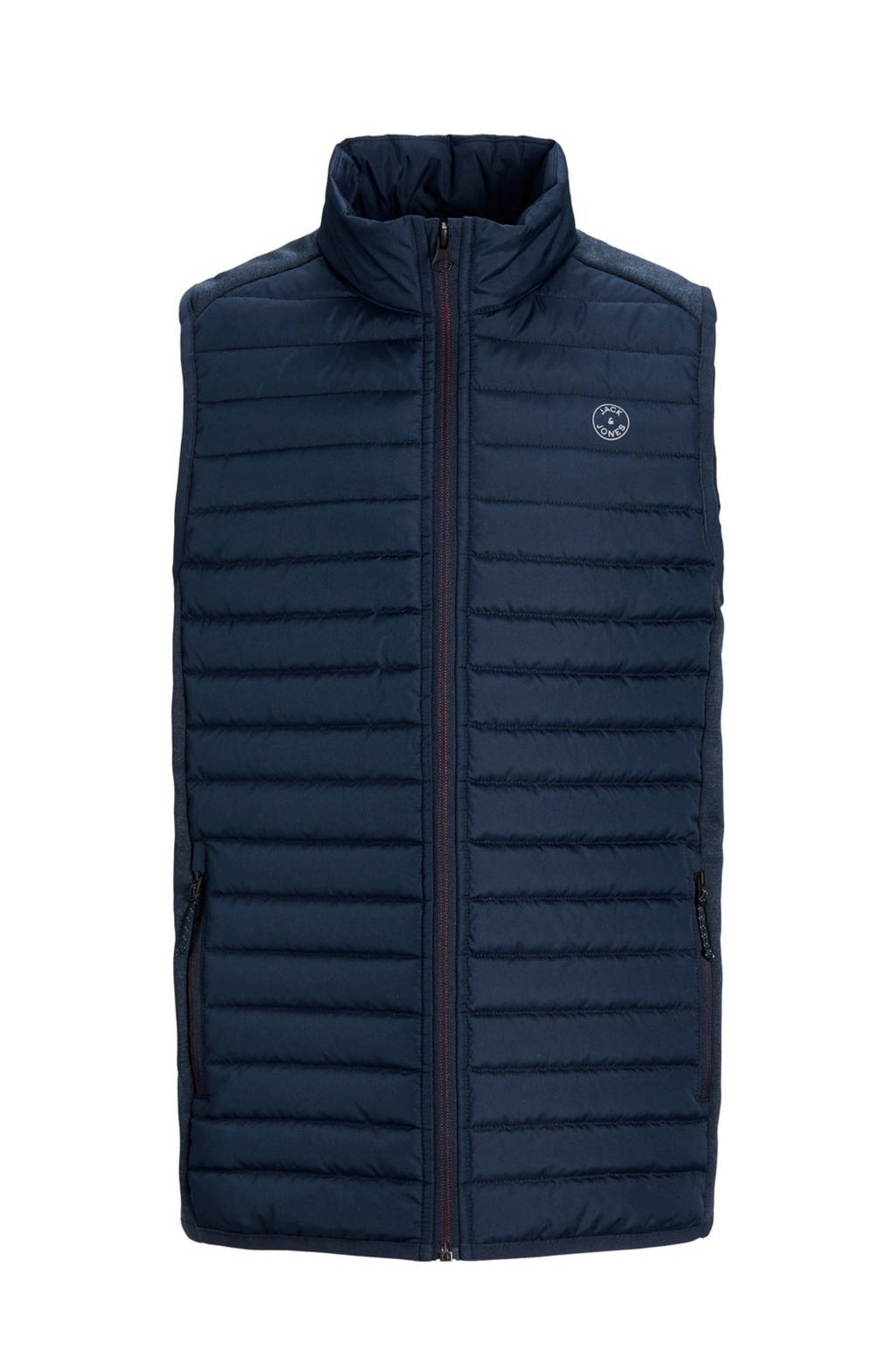 Donkerblauwe jongens JACK & JONES JUNIOR bodywarmer van polyester met opstaande kraag en ritssluiting
