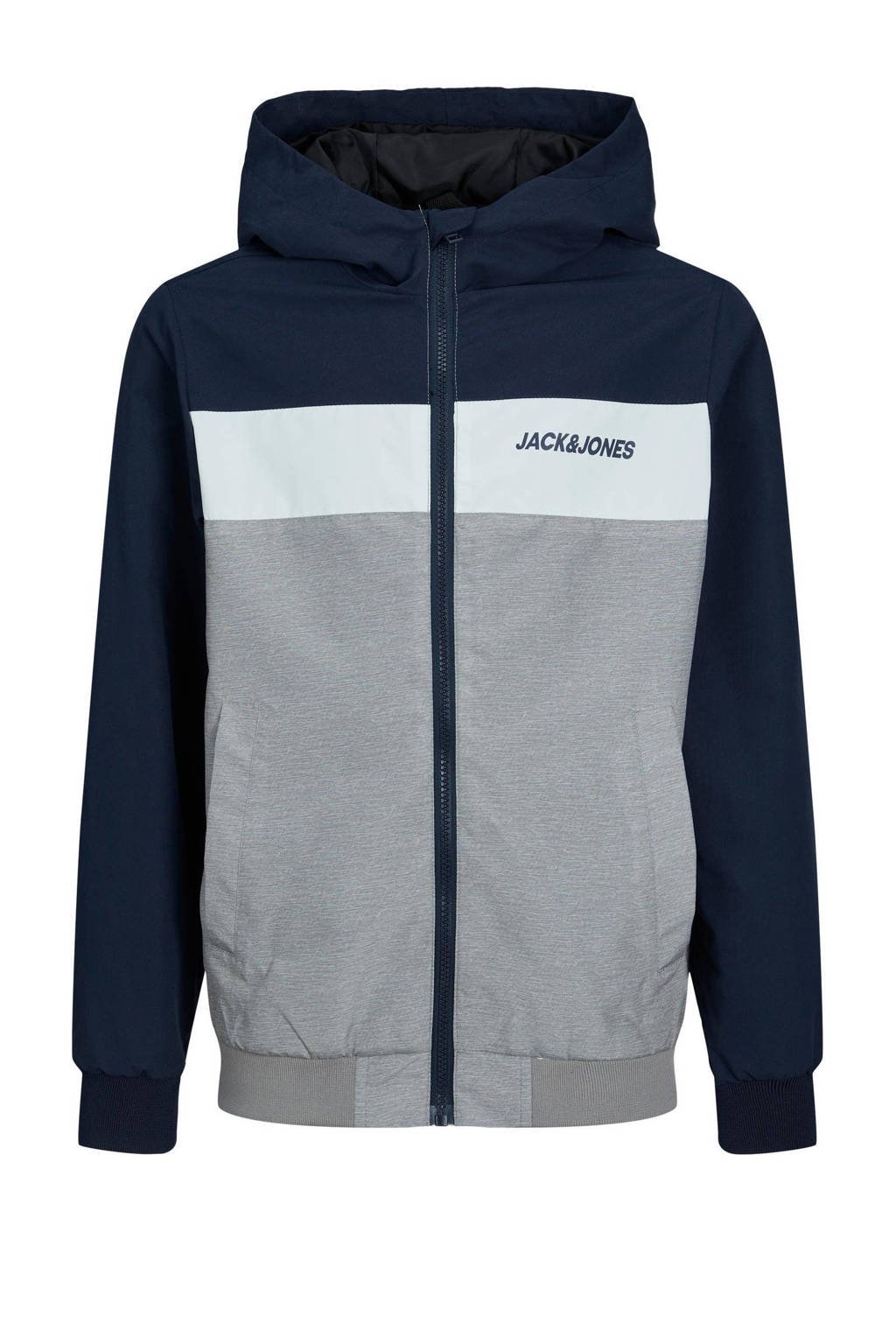 Donkerblauwe jongens JACK & JONES JUNIOR bomberjack van polyester met lange mouwen, capuchon, ritssluiting en elastische boord