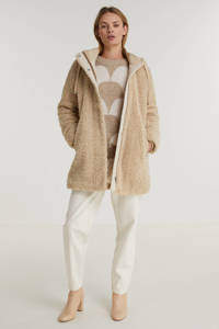 Beige dames ESPRIT Women Casual teddy jas met lange mouwen, capuchon, rits- en drukknoopsluiting en tunnelkoord