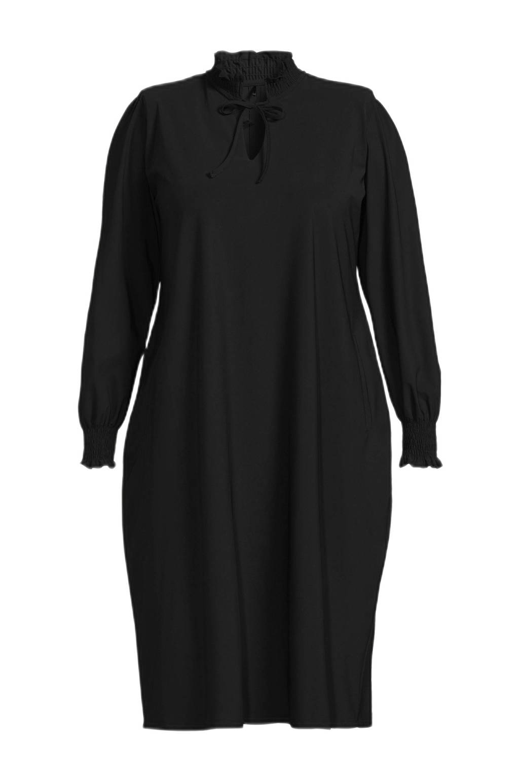 Zwarte dames Plus Basics jurk van travelstof met lange mouwen, opstaande kraag, striksluiting en ballonmouwen