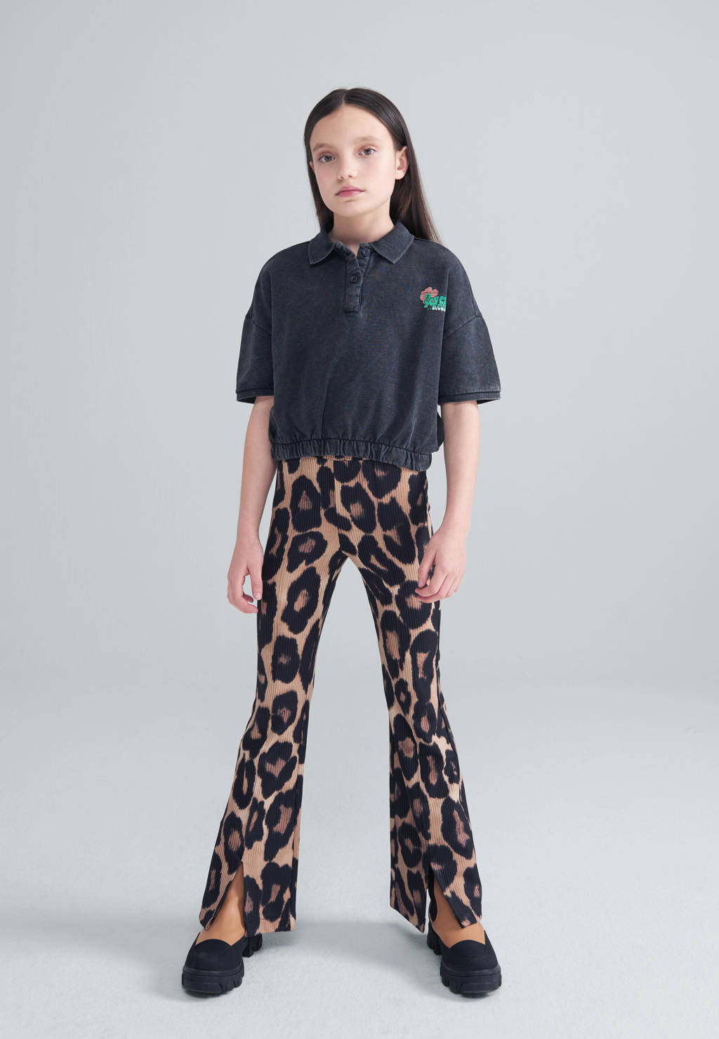 Bruin en zwarte meisjes Shoeby Jill & Mitch flared broek Leopard van stretchkatoen met regular waist en panterprint
