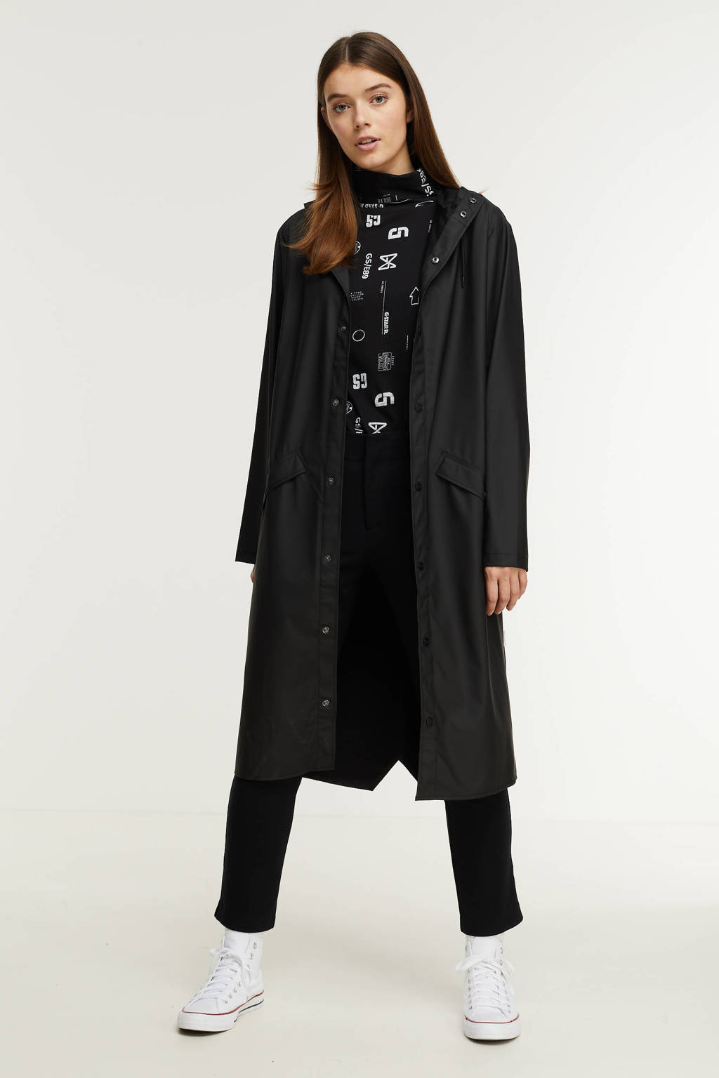 Zwarte dames Rains coated jas van polyester met lange mouwen, capuchon en rits- en drukknoopsluiting