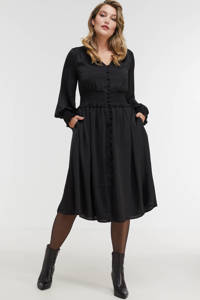 Zwarte dames Miljuschka by Wehkamp smock jurk satijn-look van polyester met lange mouwen en V-hals