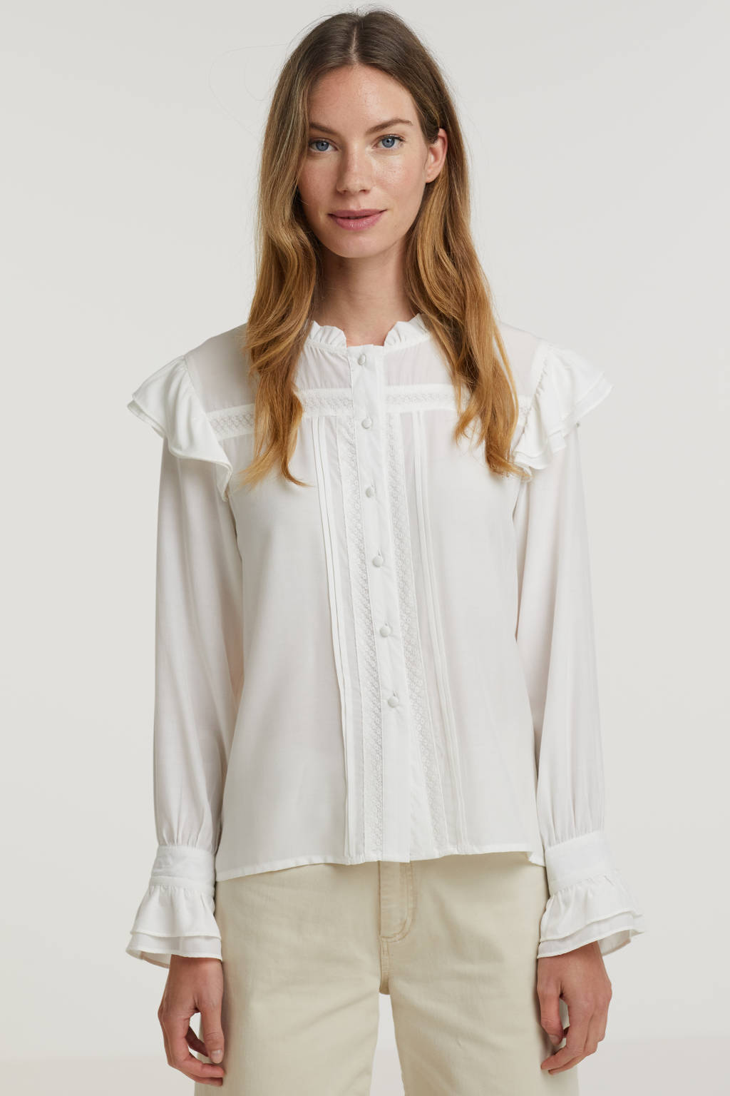 Witte dames Smashed Lemon blouse Rose van polyester met lange mouwen, mao kraag, knoopsluiting en ruches
