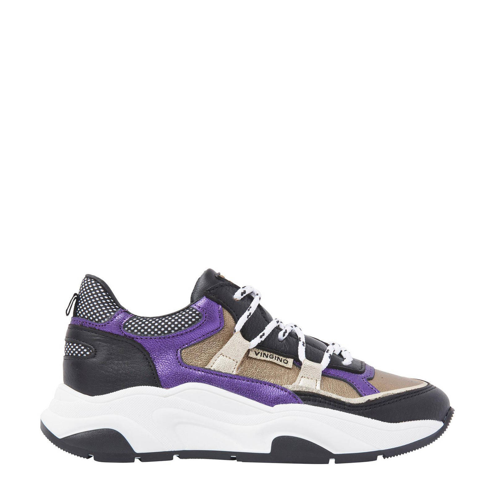 Vingino Joy leren sneakers zwart/paars/goud | wehkamp