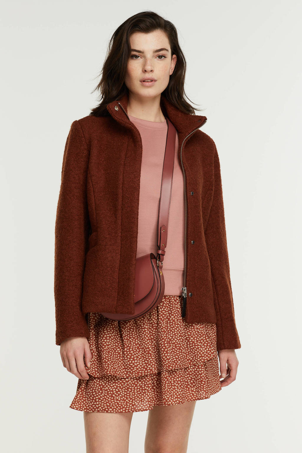 Brique dames Giacomo coat van wol met lange mouwen, opstaande kraag, rits- en drukknoopsluiting en textuur
