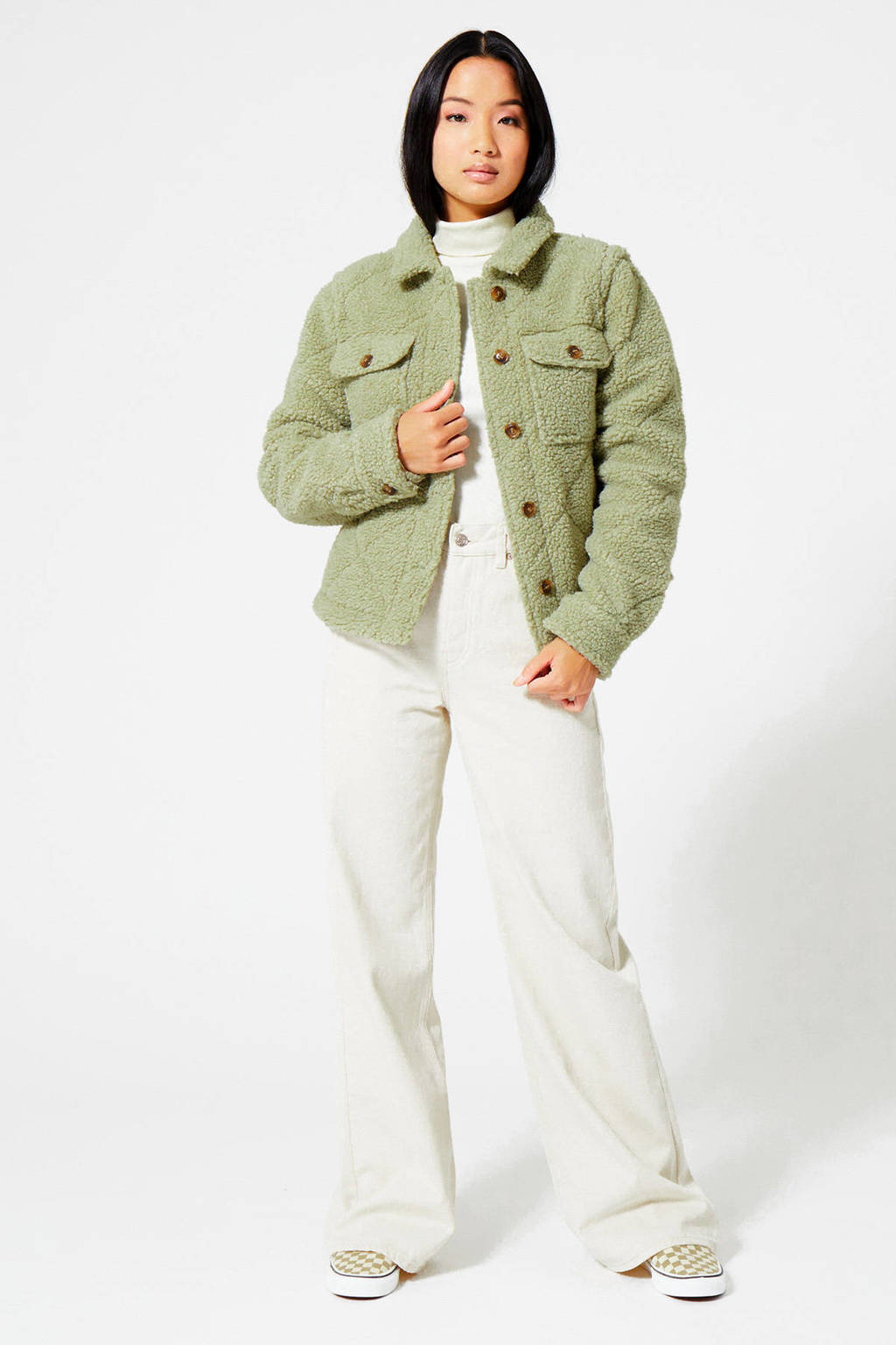 Groene dames America Today teddy winterjas met lange mouwen, klassieke kraag en knoopsluiting