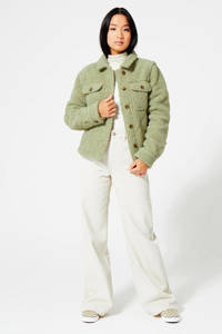Groene dames America Today teddy winterjas met lange mouwen, klassieke kraag en knoopsluiting
