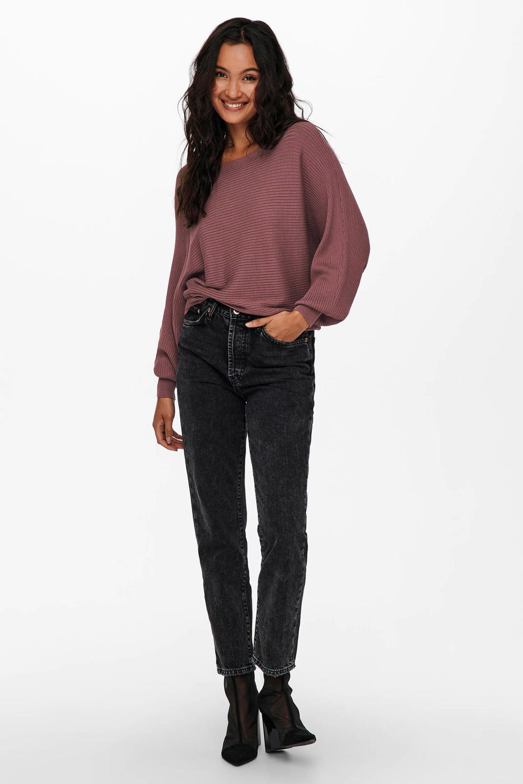 Donkervioletkleurige dames ONLY trui van viscose met effen, lange mouwen, ronde hals en gebreide details