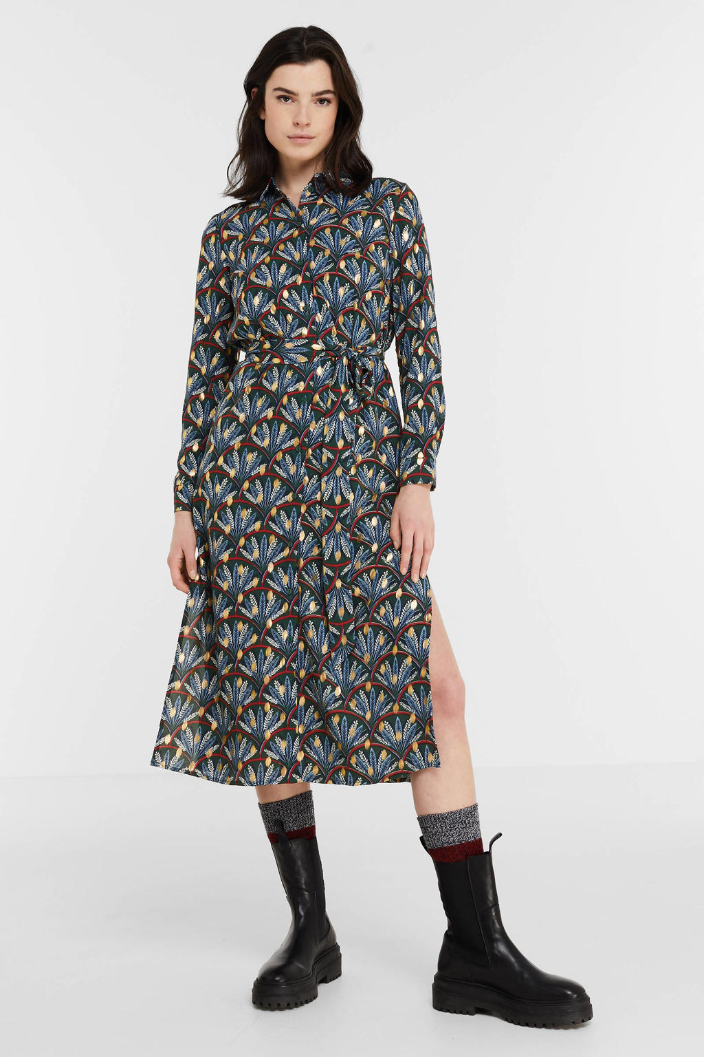 Groen, blauw en rode dames VILA blousejurk all over print van polyester met lange mouwen, klassieke kraag en knoopsluiting