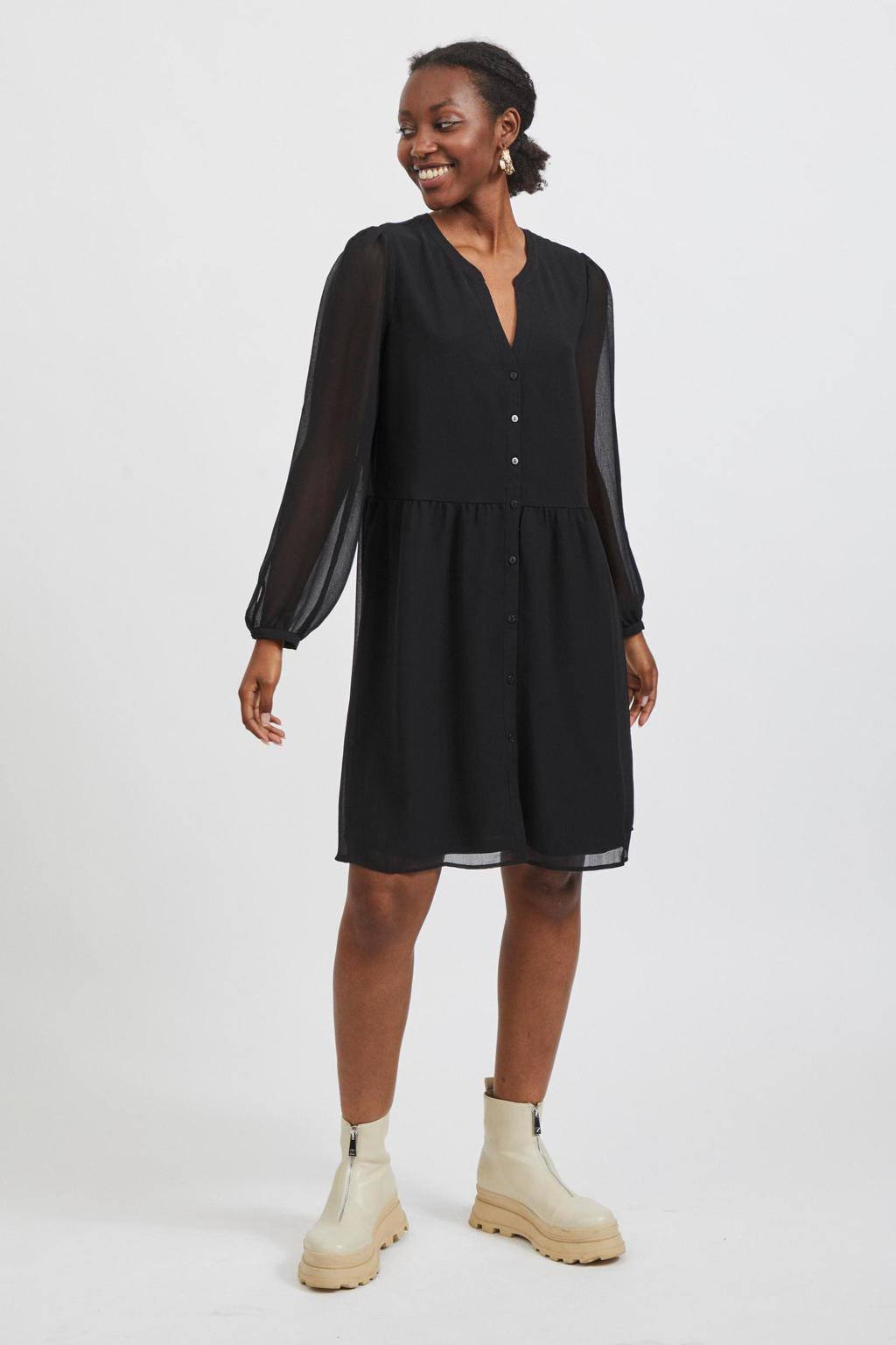 Zwarte dames VILA semi-transparante A-lijn jurk van gerecycled polyester met lange mouwen en V-hals
