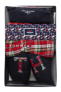 Tommy Hilfiger giftbox pyjama + sloffen met ruit blauw/rood, Blauw/rood