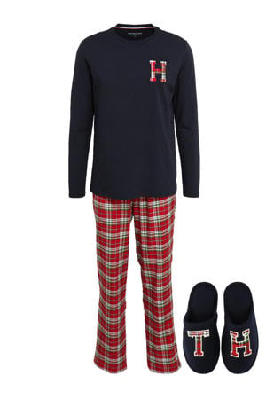 giftbox pyjama + sloffen met ruit blauw/rood