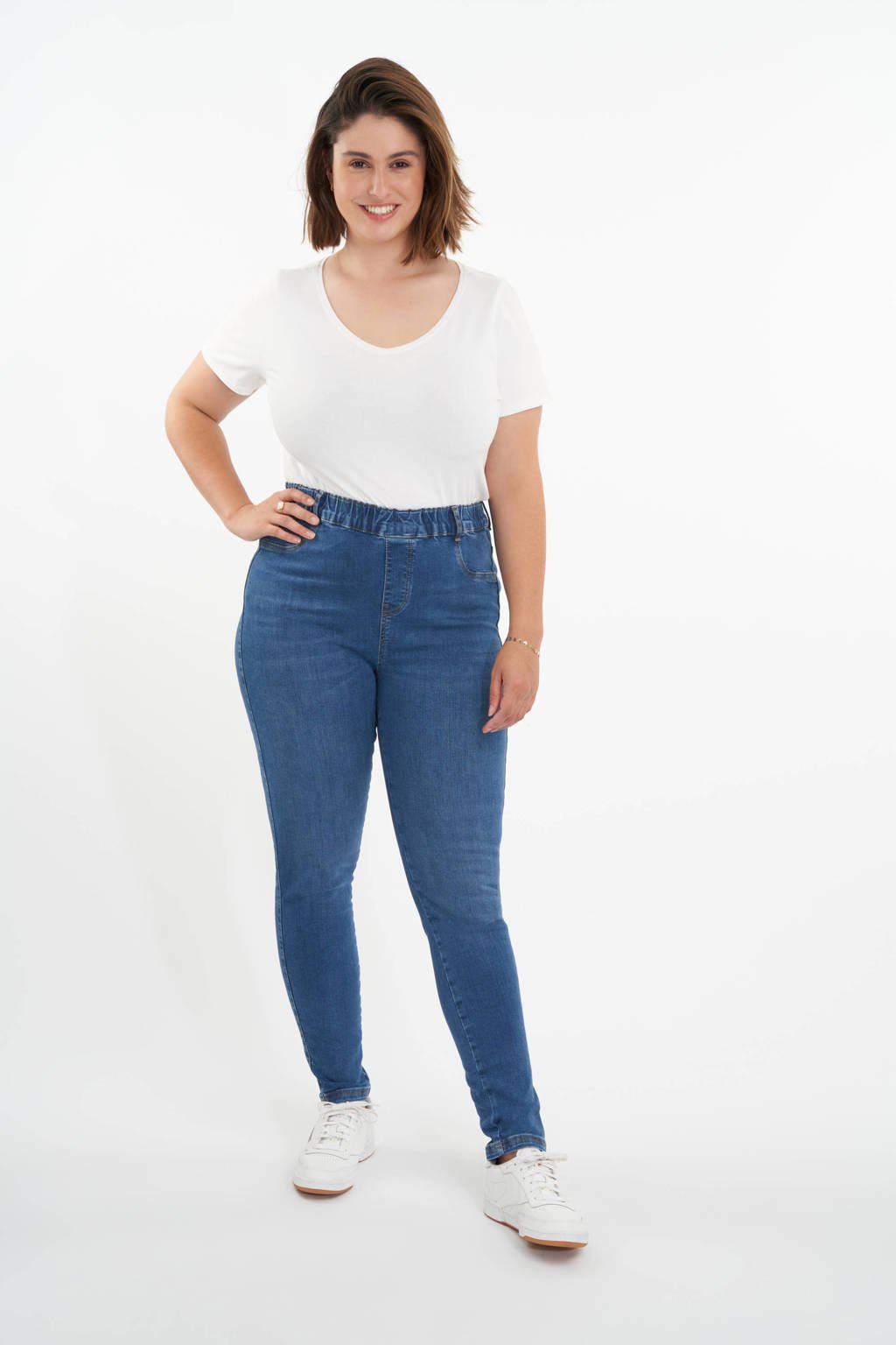 Lichtblauwe dames MS Mode high waist skinny fit jegging van stretchdenim met elastische tailleband