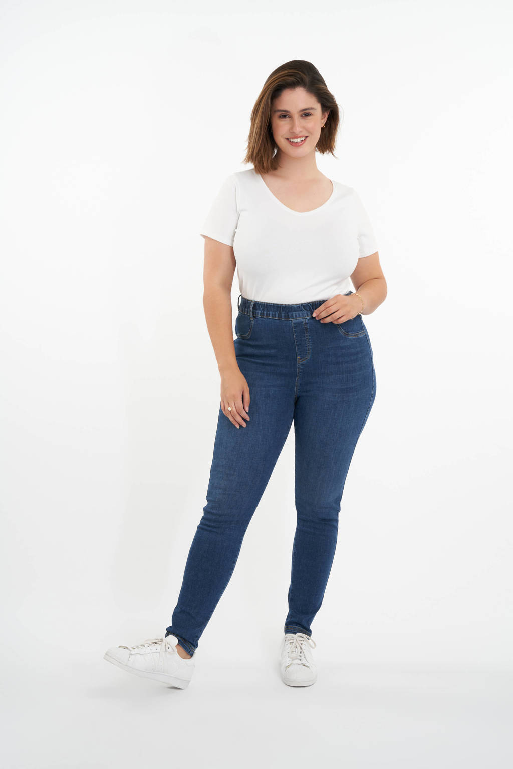 Donkerblauwe dames MS Mode high waist skinny fit jegging van stretchdenim met elastische tailleband