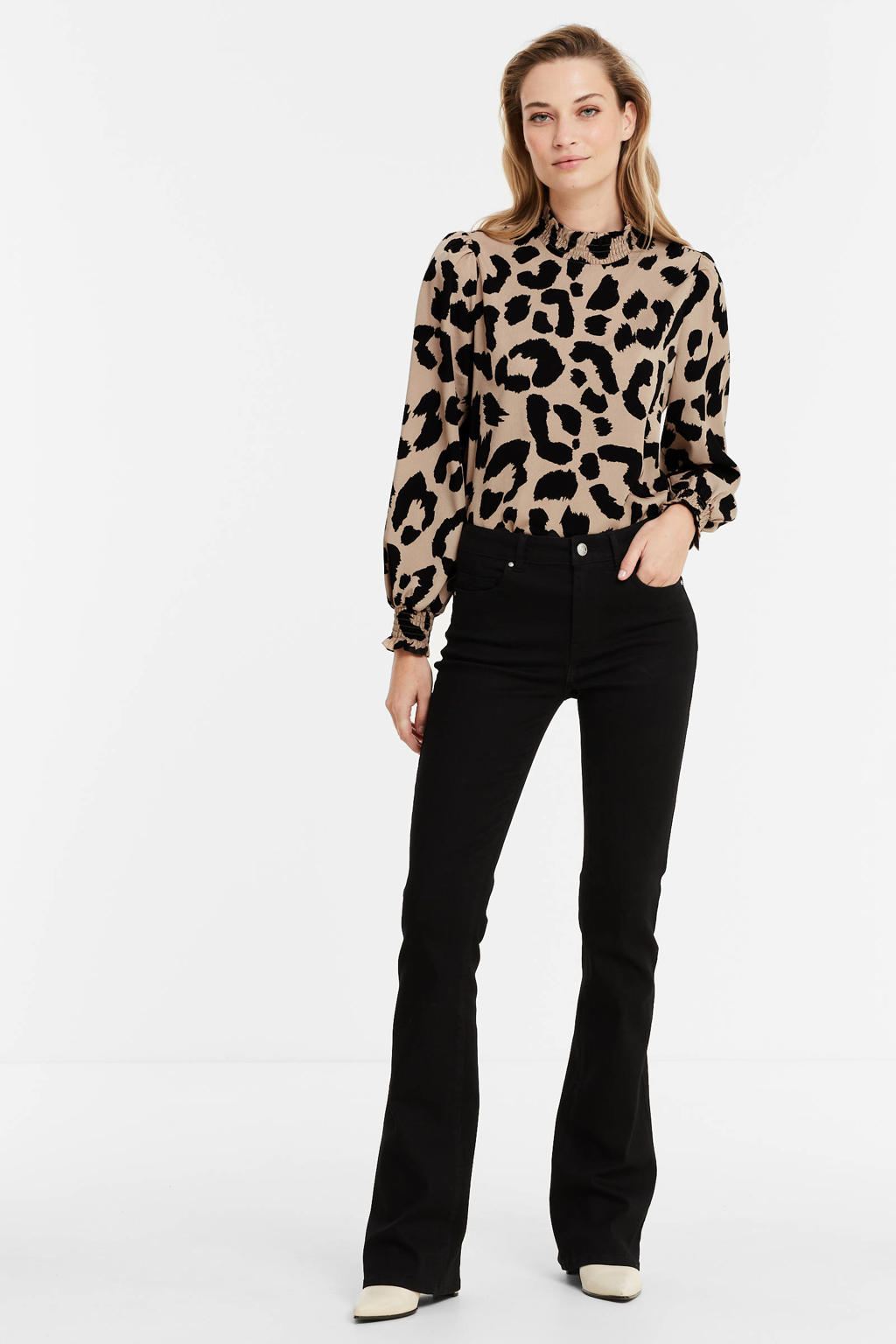 Zwarte dames ONLY flared jeans van stretchdenim met regular waist en rits- en knoopsluiting