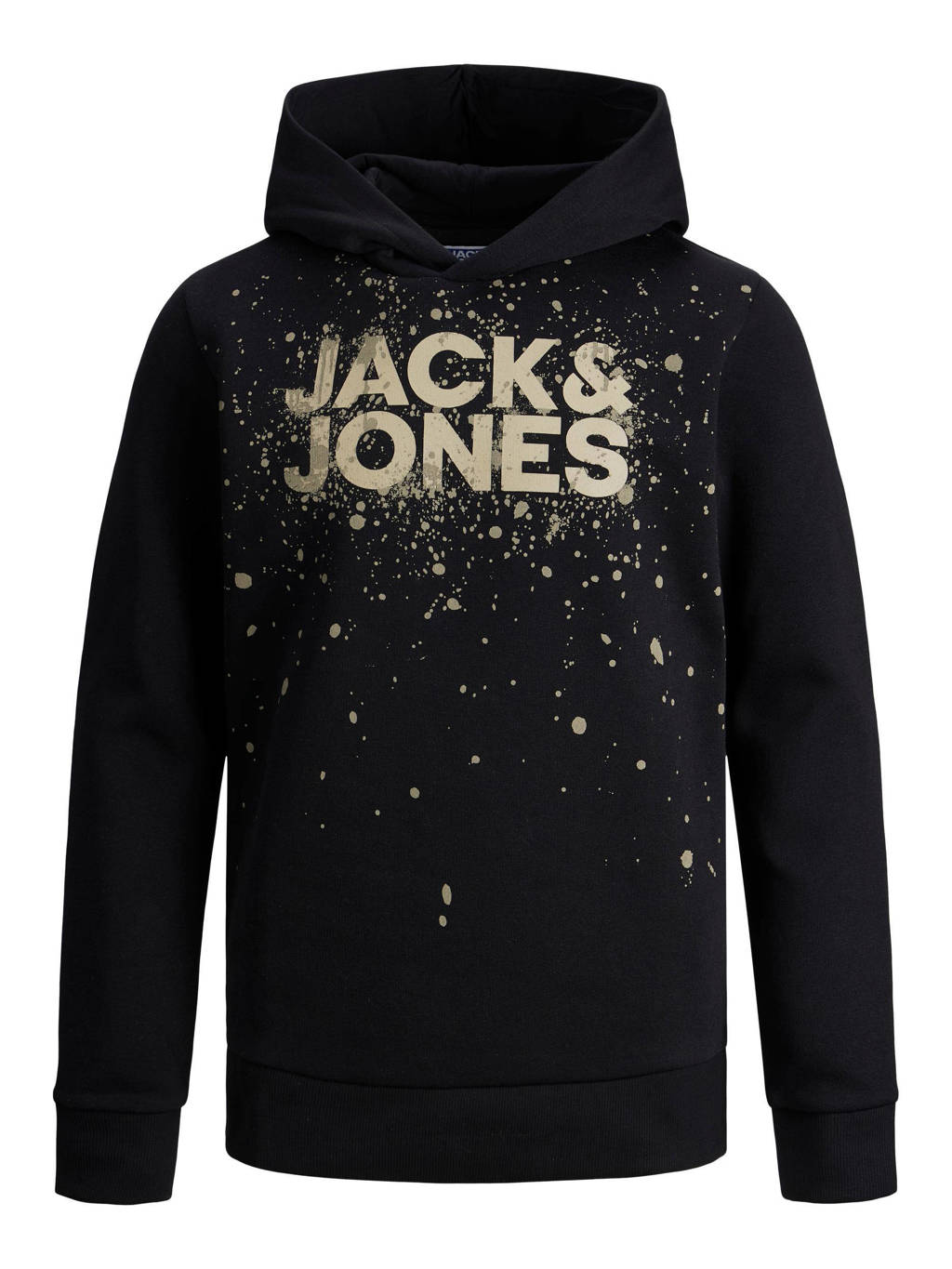Zwarte jongens JACK & JONES JUNIOR hoodie van sweat materiaal met logo dessin, lange mouwen en capuchon