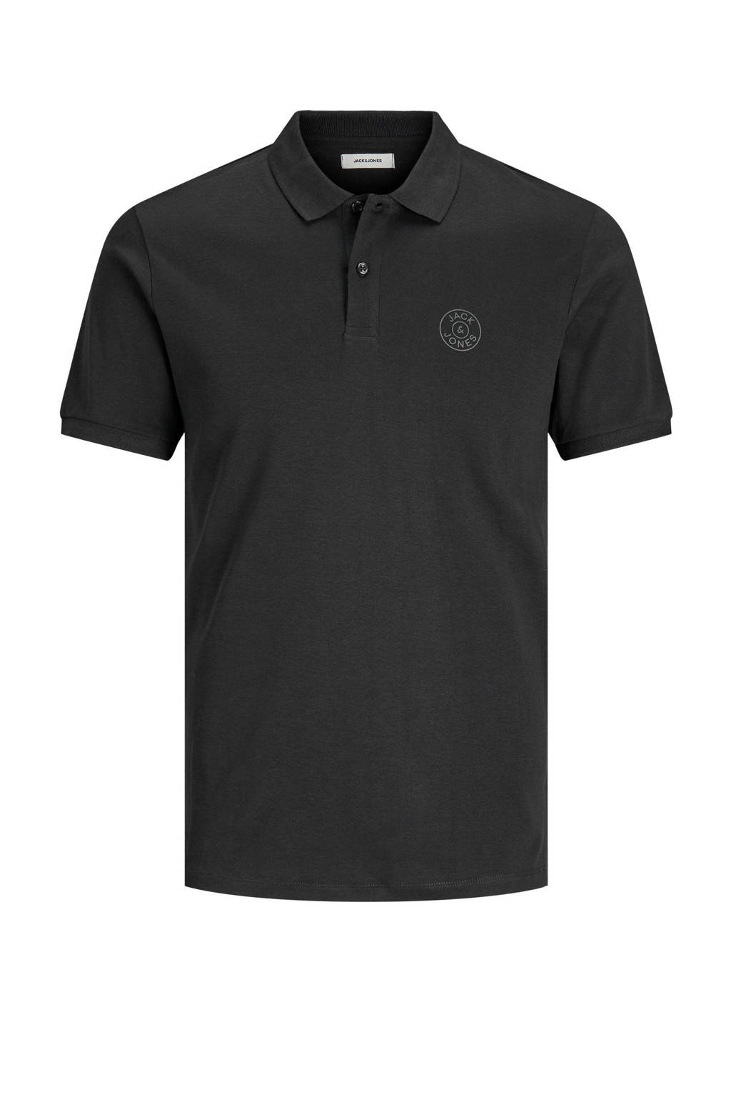Zwarte jongens JACK & JONES JUNIOR polo van katoen met logo dessin, korte mouwen en knoopsluiting
