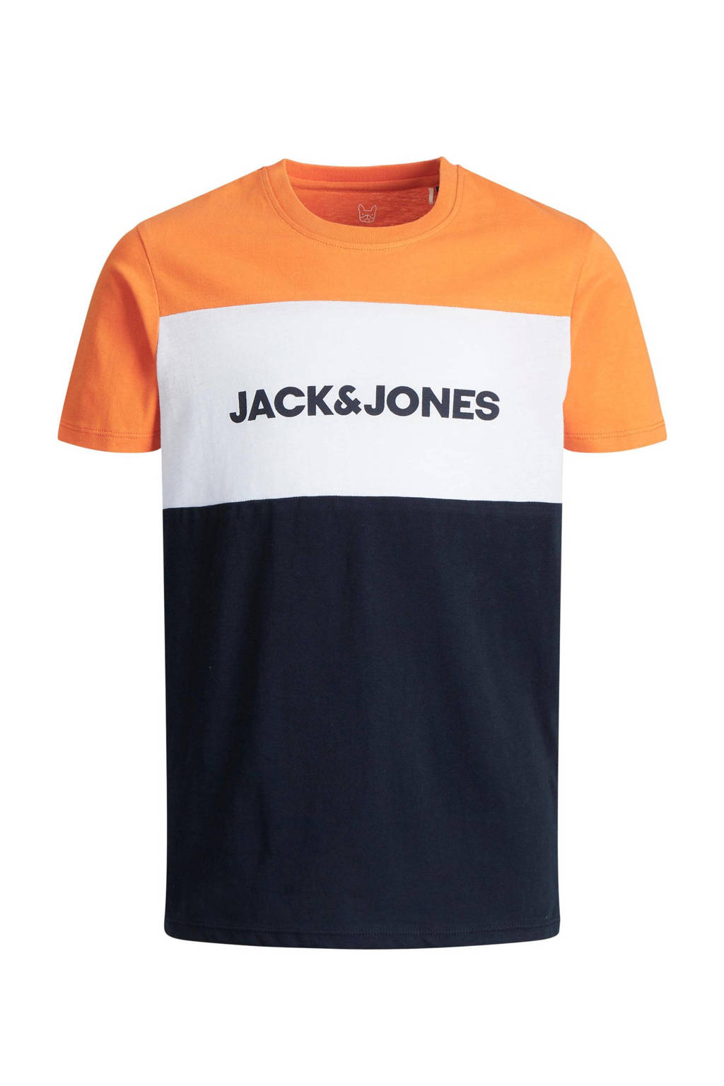 Oranje, wit en donkerblauwe jongens JACK & JONES JUNIOR T-shirt van katoen met logo dessin, korte mouwen en ronde hals