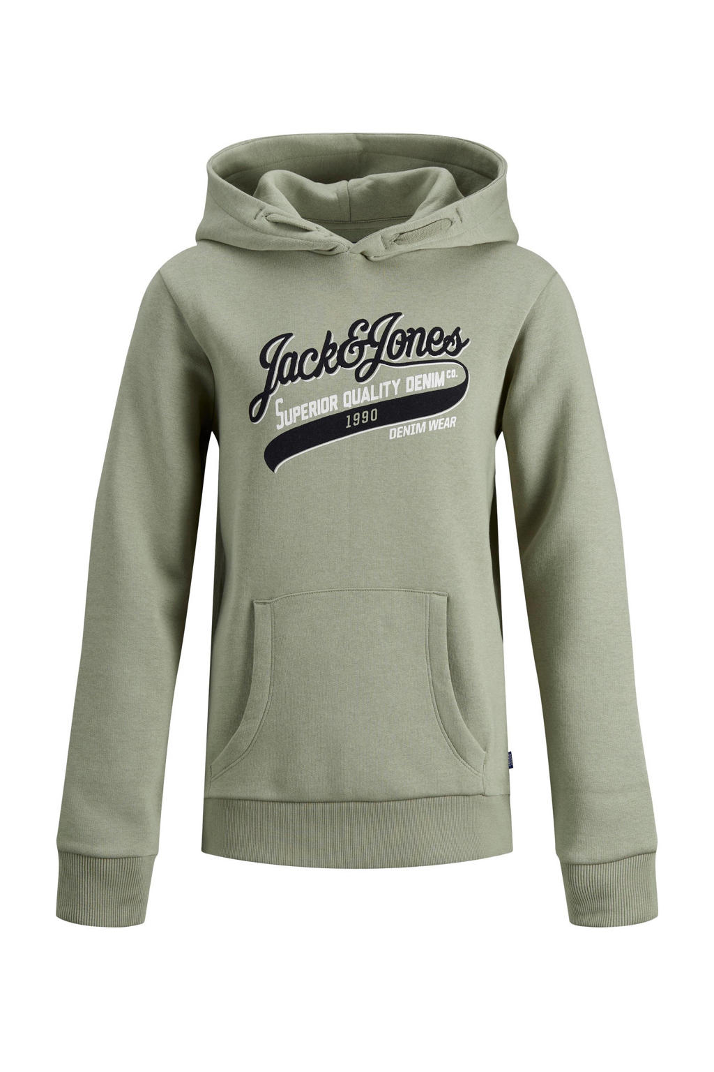 Olijfgroene jongens JACK & JONES JUNIOR hoodie van sweat materiaal met logo dessin, lange mouwen, capuchon en geribde boorden