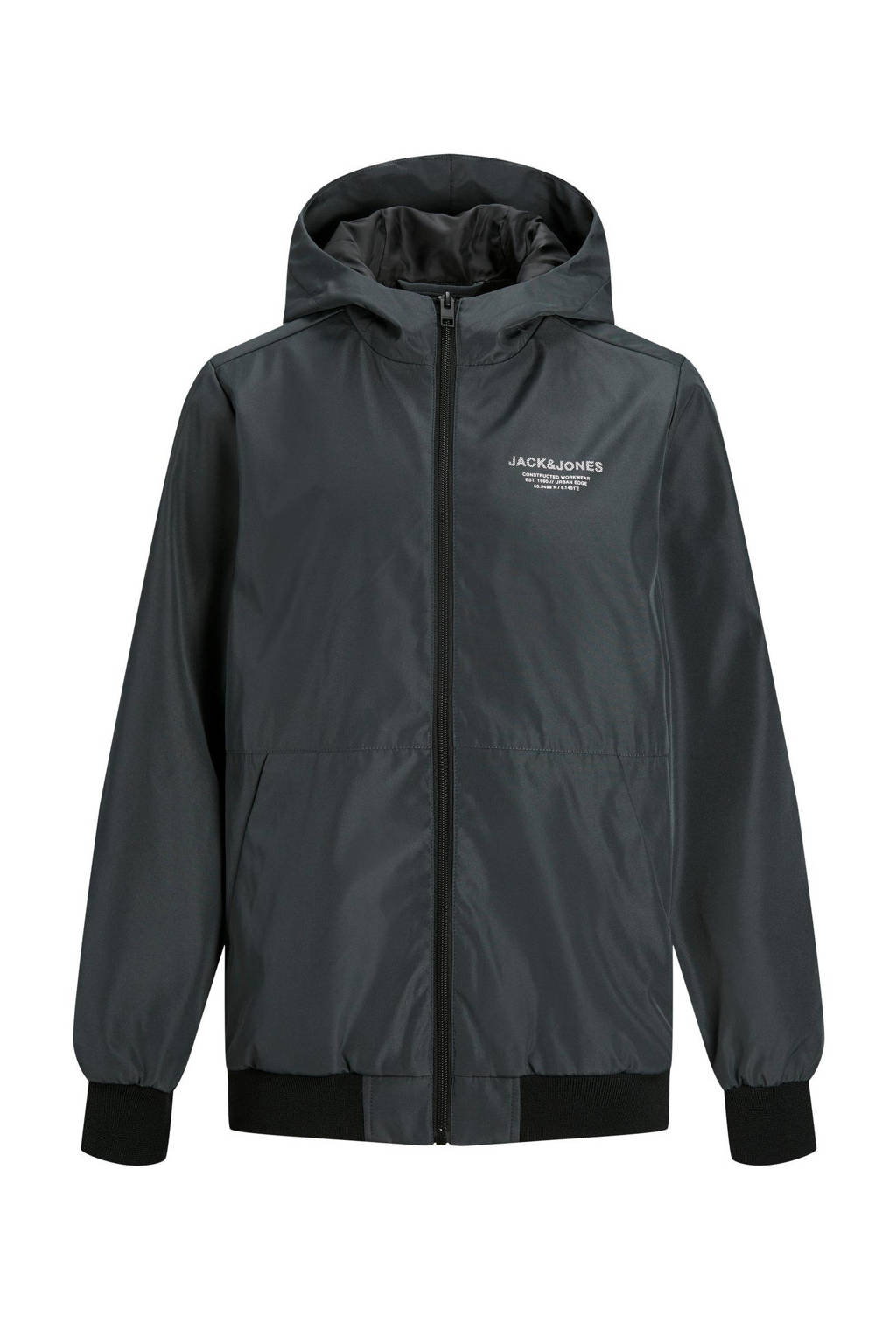 Antraciete jongens JACK & JONES JUNIOR zomerjas van polyester met meerkleurige print, lange mouwen, capuchon en ritssluiting
